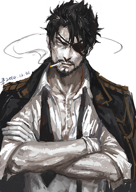 1boy beard black_hair cigarette eyepatch facial_hair formal jacket looking_at_viewer male_focus mustache necktie shin_sangoku_musou shirt short_hair sketch smoke smoking solo suit sun_dou xiahou_dun