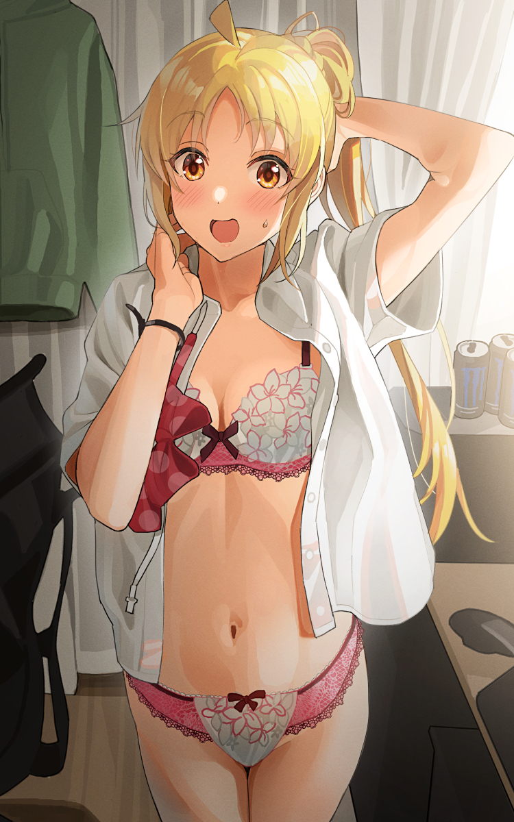 1girl ahoge arm_up blonde_hair blush bocchi_the_rock! bow bow_panties bra breasts breasts_apart brown_eyes cable_tie clothes_hanger collarbone curtains detached_ahoge energy_drink hair_ornament hair_scrunchie hand_in_own_hair hand_up highres ijichi_nijika indoors long_hair looking_at_viewer monster_energy navel open_clothes open_mouth open_shirt panties parted_bangs pink_bra pink_panties product_placement scrunchie shirt side_ponytail sidelighting small_breasts solo stomach surprised sweatdrop tipii underwear white_shirt yellow_scrunchie
