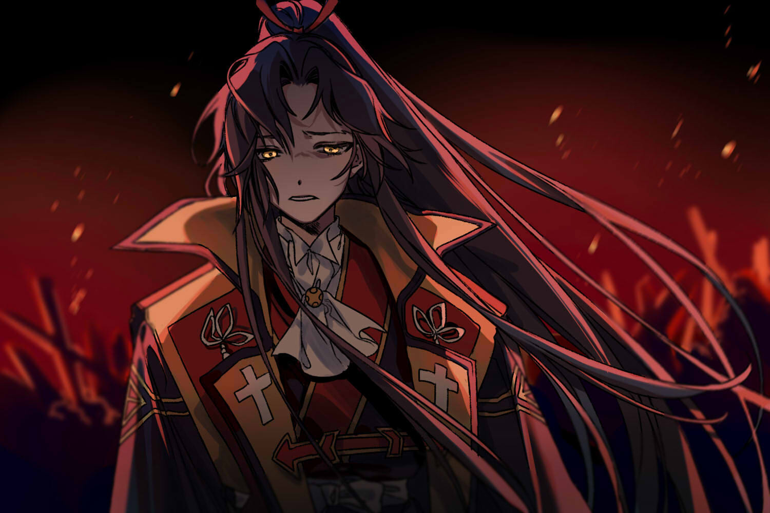 1boy amakusa_shirou_(third_ascension)_(fate) ascot black_hair clenched_teeth cross_print easel_(dam0628) fate/apocrypha fate/grand_order fate_(series) hair_ribbon jinbaori long_hair looking_down male_focus official_alternate_costume official_alternate_hair_color parted_bangs parted_lips ponytail red_ribbon ribbon rubble solo sparks teeth upper_body very_long_hair white_ascot yellow_eyes