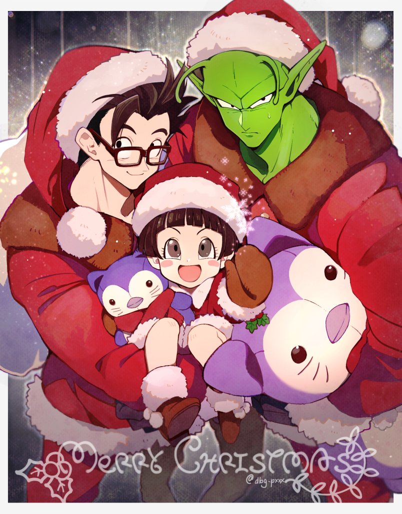 1girl 2boys :d antennae bb_m0024 black-framed_eyewear black_eyes black_gloves black_hair blunt_bangs blush blush_stickers boots border brown_footwear brown_mittens carrying christmas closed_mouth colored_skin commentary_request dragon_ball dragon_ball_super dragon_ball_super_super_hero eyelashes father_and_daughter fur-trimmed_boots fur-trimmed_headwear fur-trimmed_jacket fur_trim glasses gloves green_skin hat holding holding_sack holding_stuffed_toy holly jacket long_sleeves looking_at_viewer merry_christmas mittens multiple_boys namekian open_mouth outside_border pan_(dragon_ball) pants piccolo pointy_ears pom_pom_(clothes) red_headwear red_jacket red_pants red_scarf sack santa_hat scarf short_hair smile smirk snowflakes son_gohan spiked_hair stuffed_animal stuffed_toy sweatdrop v-shaped_eyebrows white_border