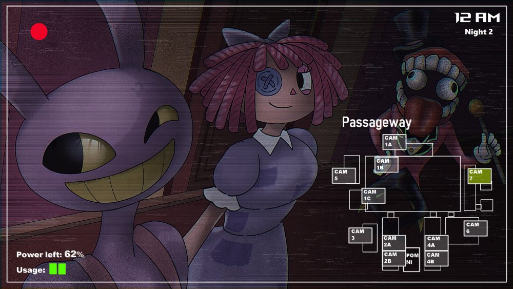 1girl 2boys animal_ears black_eyes bow button_eyes caine_(the_amazing_digital_circus) clenched_teeth colored_sclera dress five_nights_at_freddy's five_nights_at_freddy's_1 hair_bow jax_(the_amazing_digital_circus) maromichan multiple_boys overalls pink_overalls puffy_short_sleeves puffy_sleeves purple_bow purple_dress rabbit_boy rabbit_ears ragatha_(the_amazing_digital_circus) red_hair short_sleeves smile teeth the_amazing_digital_circus triangle_nose yellow_sclera yellow_teeth