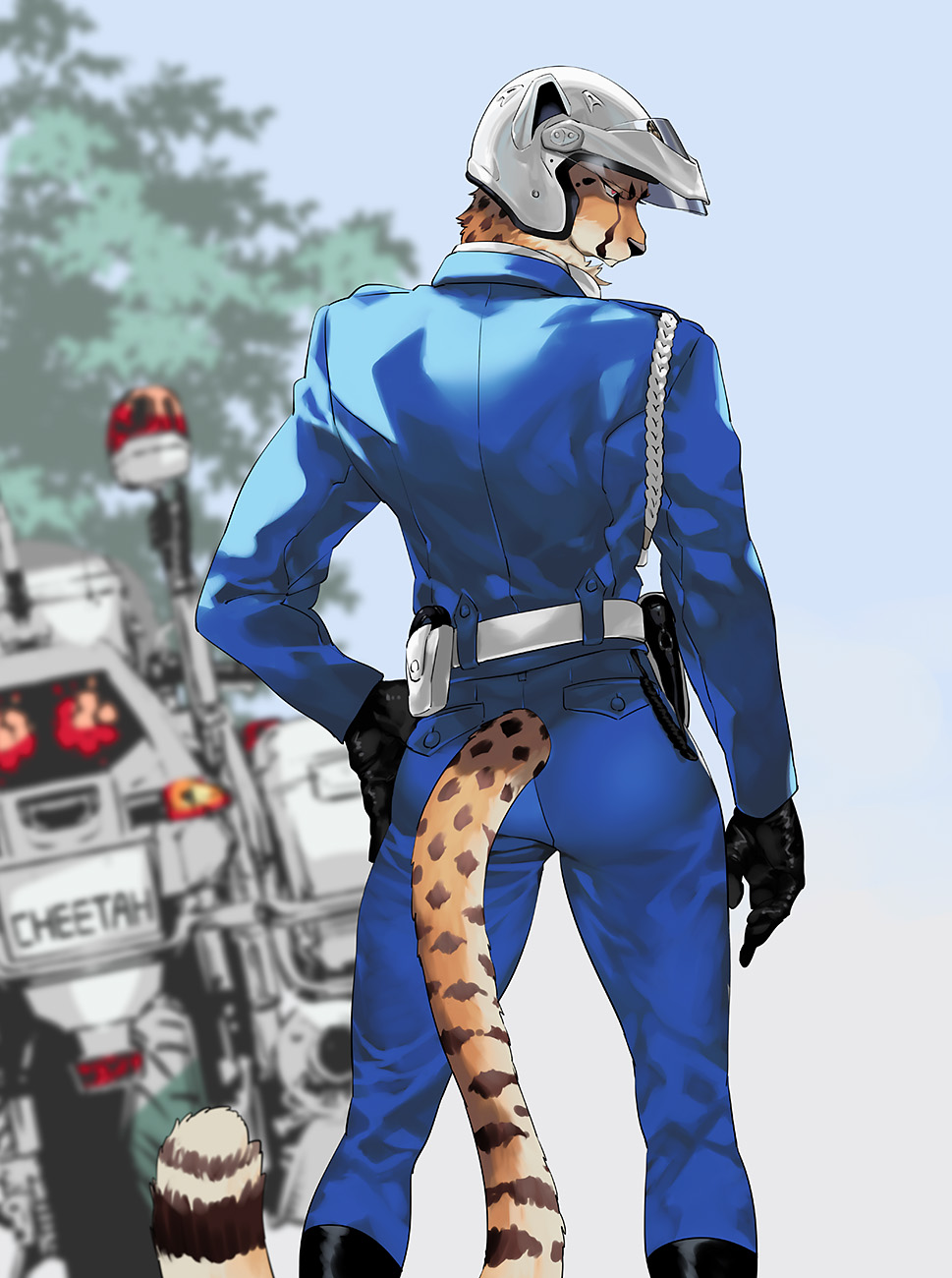 1boy ass black_footwear black_gloves blue_background blue_suit body_fur brown_fur cheetah_boy cheetah_tail closed_mouth from_behind furry furry_male gloves helmet highres long_sleeves looking_to_the_side male_focus mamemo_(daifuku_mame) motor_vehicle motorcycle motorcycle_helmet original outdoors police police_motorcycle police_uniform red_eyes solo standing suit uniform