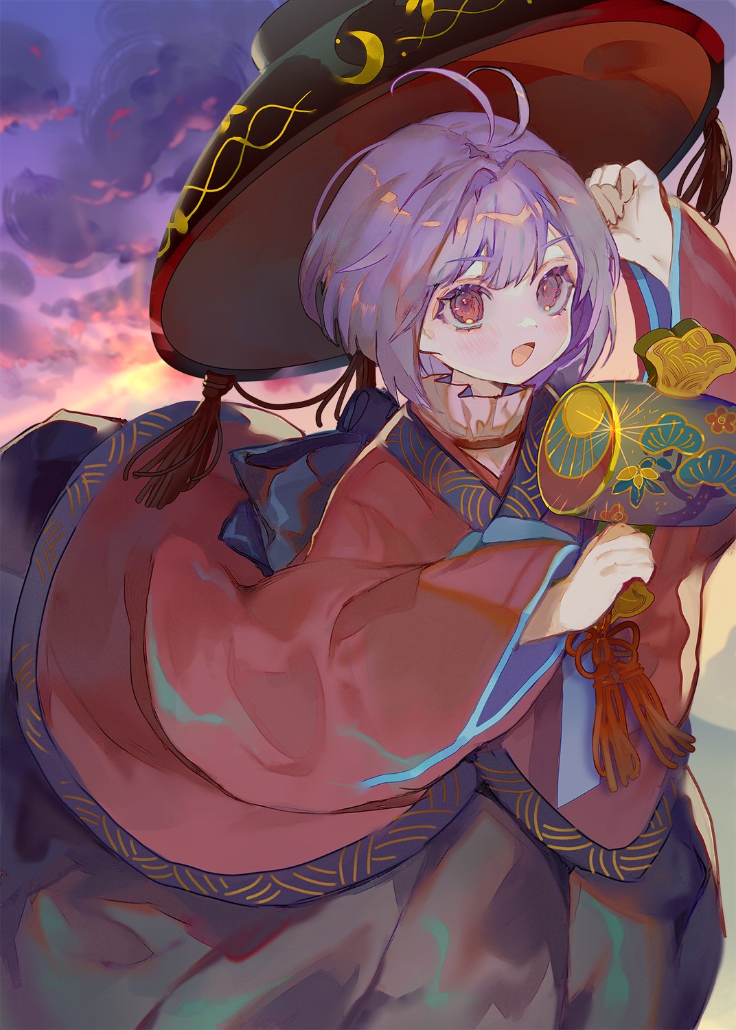 1girl antenna_hair black_headwear blush bowl bowl_hat cha_goma hat highres holding japanese_clothes kimono long_sleeves miracle_mallet open_mouth purple_hair red_eyes red_kimono short_hair smile solo sukuna_shinmyoumaru touhou wide_sleeves