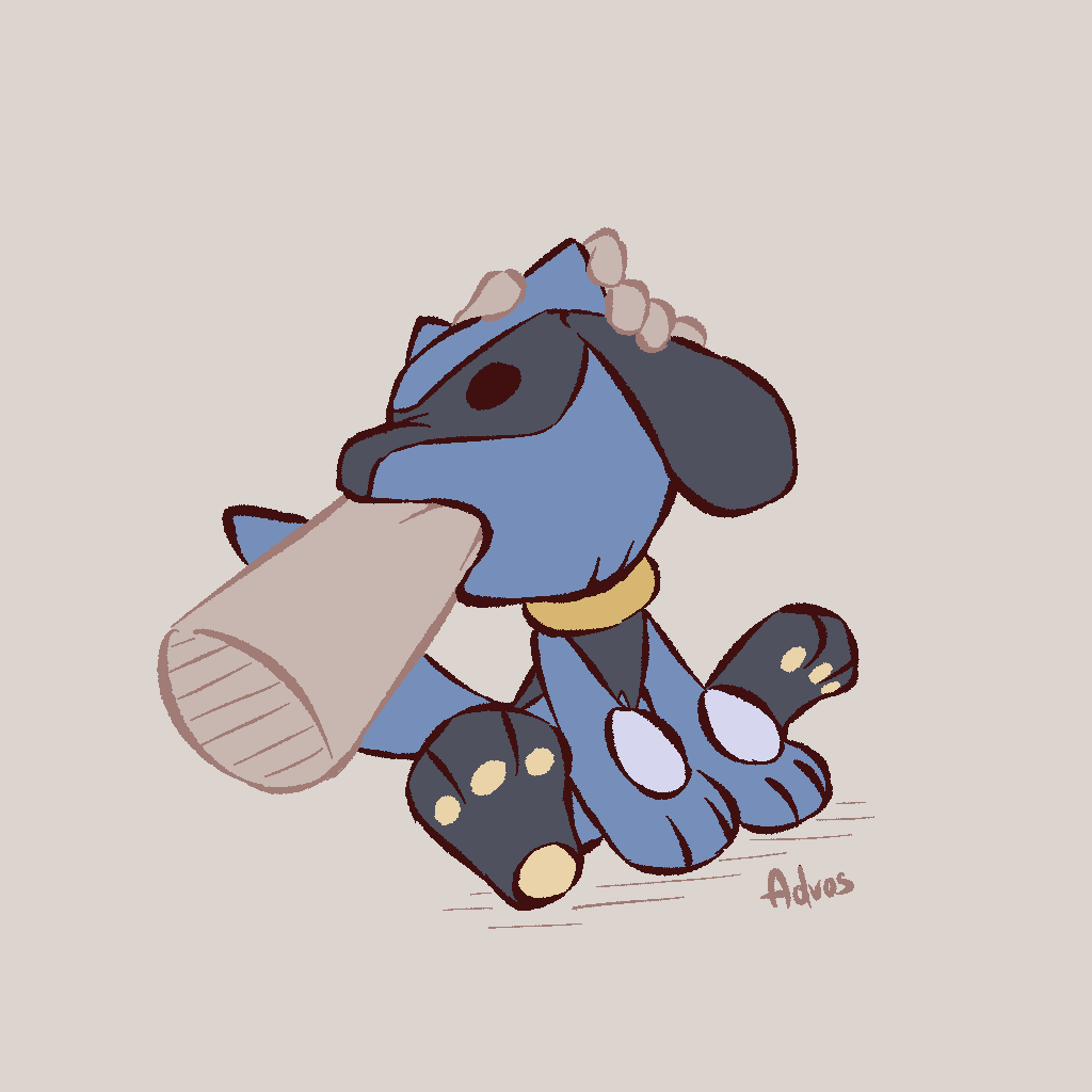 1:1 advos ambiguous_gender anthro biped bite black_body blue_body disembodied_hand duo generation_4_pokemon nintendo pawpads pokemon pokemon_(species) riolu simple_background sitting sitting_on_ground yellow_body