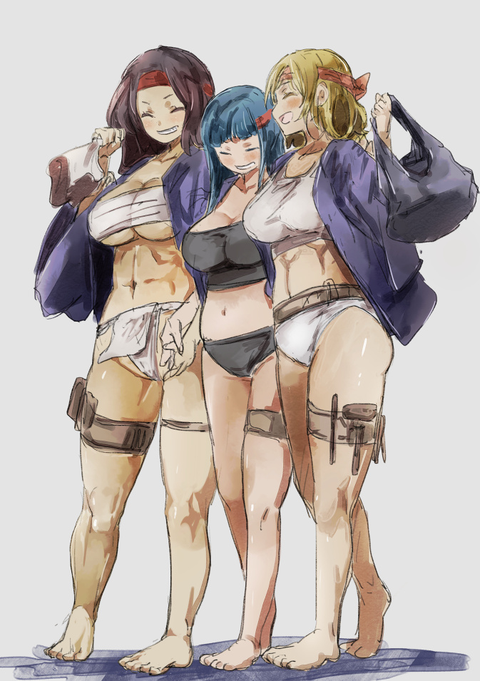 3girls abs bag black_hair black_sports_bra blonde_hair blue_hair blush breasts chest_sarashi closed_eyes fundoshi headband holding_hands japanese_clothes large_breasts long_hair midriff multiple_girls muscular muscular_female navel original sarashi simple_background smile sports_bra thick_thighs thighs toned underwear white_sports_bra yohane