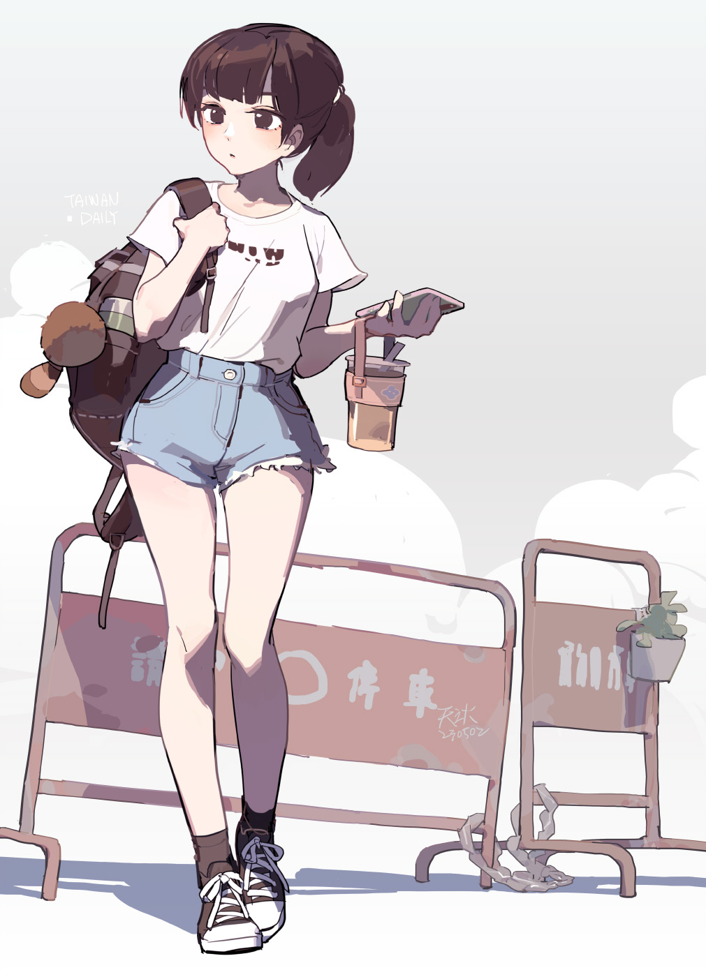 1girl backpack bag blue_shorts breasts brown_bag brown_eyes brown_footwear brown_hair cup denim denim_shorts full_body highres holding holding_cup holding_phone long_hair looking_to_the_side medium_breasts original phone plant ponytail print_shirt shirt shoes short_shorts short_sleeves shorts shoulder_bag sneakers solo t-shirt tennohi walking white_shirt