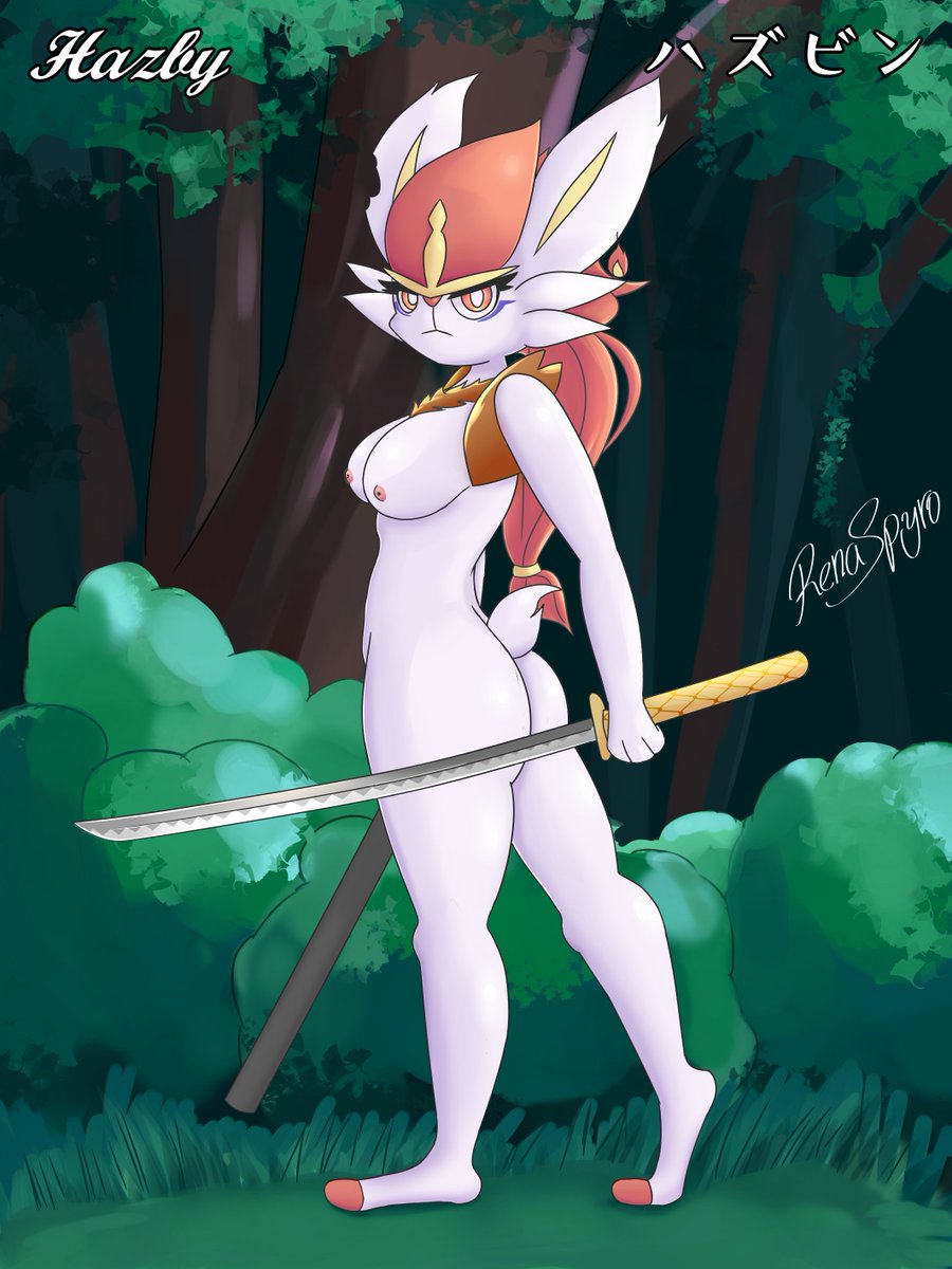 amira_o'neil anthro breasts cinderace female generation_8_pokemon hair hi_res melee_weapon nintendo nipples notched_ear nude outside pink_nipples pokemon pokemon_(species) red_eyes red_hair renaspyro scut_tail short_tail solo sword tail weapon white_body