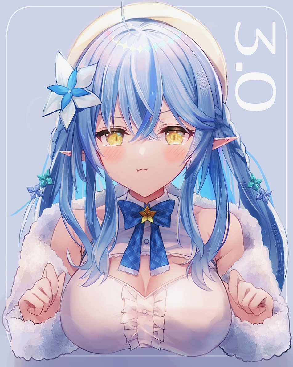 1girl :i ahoge armpit_crease bare_shoulders beret blue_bow blue_bowtie blue_hair blush bow bowtie braid breasts buttons center_frills cleavage cleavage_cutout clenched_hand closed_mouth clothing_cutout coat colored_tips commentary_request cropped_torso crossed_bangs double-parted_bangs flower frilled_shirt frills fur-trimmed_coat fur_trim hair_between_eyes hair_flower hair_ornament hat hololive kmes_niku large_breasts long_hair looking_at_viewer multicolored_hair off_shoulder plaid plaid_bow plaid_bowtie pointy_ears pout shirt side_braids sleeveless sleeveless_shirt snowflake_hair_ornament solo streaked_hair upper_body virtual_youtuber w_arms white_headwear white_shirt yellow_eyes yukihana_lamy yukihana_lamy_(1st_costume)