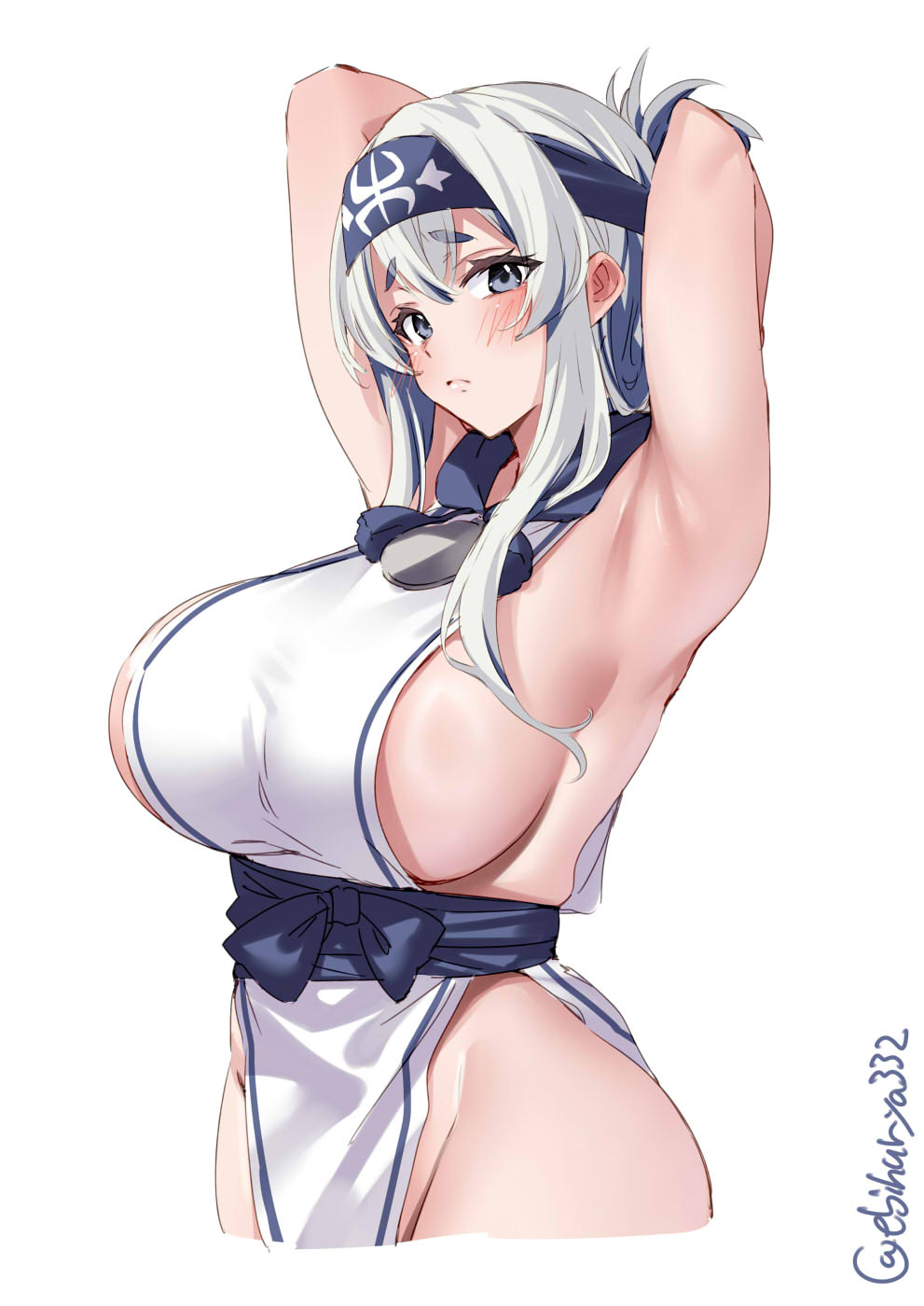 1girl armpits arms_up blue_eyes blue_hair blue_headband blush breasts closed_mouth cropped_legs ebifurya folded_ponytail grey_hair groin headband highres kamoi_(kancolle) kantai_collection large_breasts light_frown long_hair looking_at_viewer multicolored_hair one-hour_drawing_challenge raised_eyebrows sideboob sidelocks simple_background solo tabard thick_eyebrows twitter_username two-tone_hair white_background white_tabard