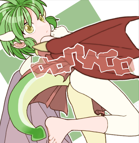 1girl ass barefoot closed_mouth draco_centauros dragon_girl dragon_horns dragon_tail dragon_wings gloves green_hair horns leg_up leggings lowres madou_monogatari puyopuyo red_wings short_hair sicky_(pit-bull) solo tail white_gloves white_horns white_leggings wings yellow_eyes