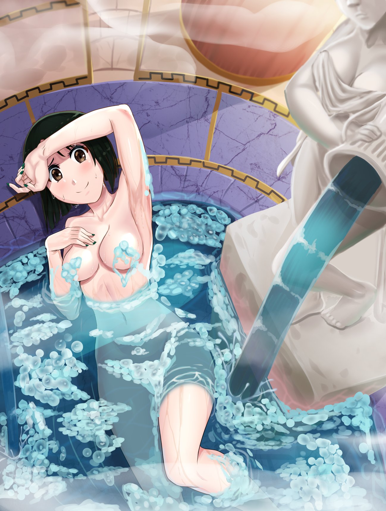 1girl aged_up alternate_eye_color alternate_hair_color arm_up armpits bath bathing black_hair blush bob_cut breasts brown_eyes bubble cleavage commentary commission completely_nude convenient_censoring curled_fingers english_commentary eyelashes feet_out_of_frame fountain from_above green_nails hand_on_forehead hand_on_own_chest highres knee_up looking_at_viewer looking_up love_hina lying maehara_shinobu medium_breasts nail_polish navel nico-mo nude on_back partially_submerged parting_water pillar raised_eyebrows sand_sculpture short_hair soap_bubbles solo steam stone_floor water wet
