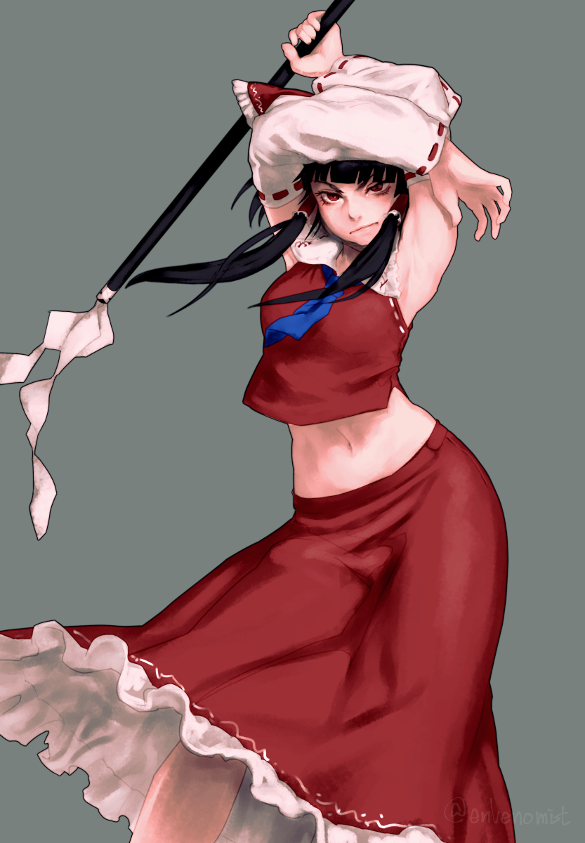 1girl armpits arms_on_head arms_up black_hair blue_necktie blunt_bangs bow brown_hair closed_mouth clothes_lift collared_shirt commentary_request contrapposto cowboy_shot detached_sleeves frilled_bow frilled_shirt_collar frilled_skirt frills gengoroumaru_(ambidextrous) gohei hair_bow hair_tubes hakurei_reimu highres holding long_hair long_sleeves looking_at_viewer midriff navel necktie one-hour_drawing_challenge red_bow red_eyes red_ribbon red_shirt red_skirt ribbon ribbon-trimmed_shirt ribbon-trimmed_sleeves ribbon_trim shirt sidelocks simple_background skirt skirt_lift skirt_set sleeveless sleeveless_shirt solo touhou twitter_username v-shaped_eyebrows white_ribbon