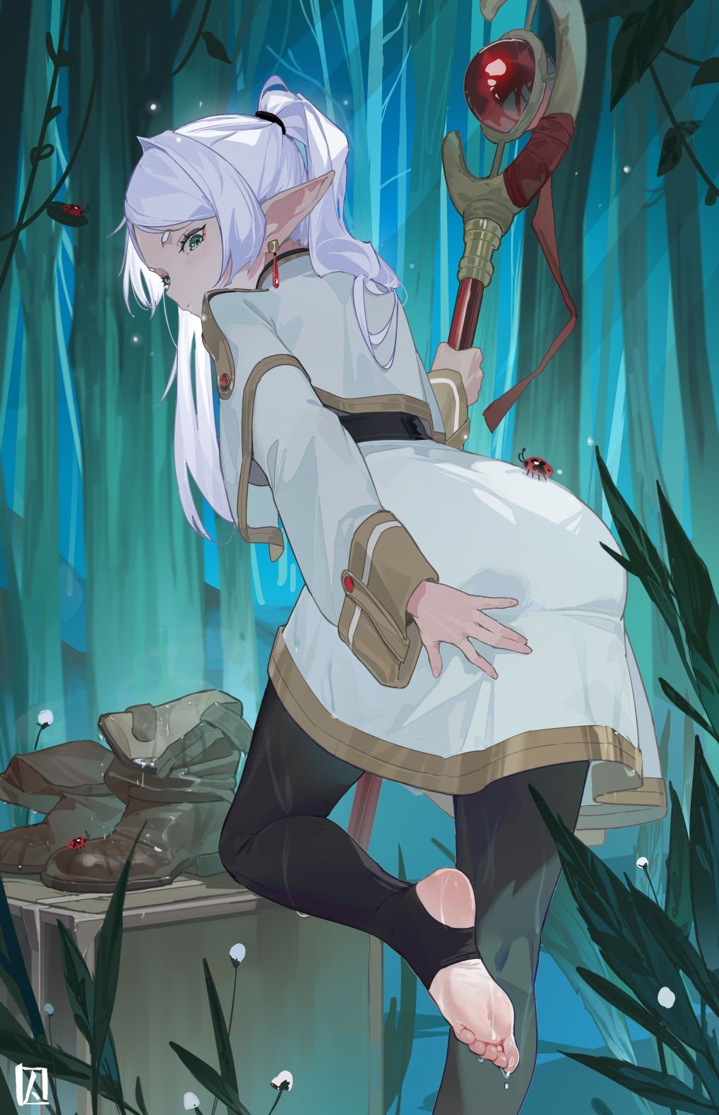 1girl barefoot boots brown_footwear bug commentary_request elf frieren green_eyes grey_hair highres holding holding_staff ladybug long_hair long_sleeves looking_back mage_staff outdoors pointy_ears prisoners_book_(artist) robe soles solo sousou_no_frieren staff standing standing_on_one_leg stirrup_legwear toeless_legwear toes twintails unworn_footwear wet white_hair white_robe