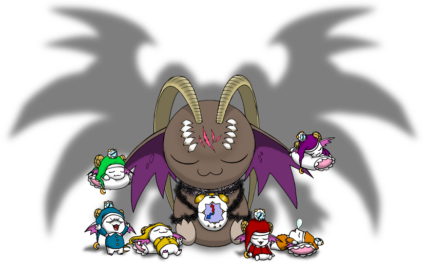 appmon belphemon belphemon_rage_mode belphemon_sleep_mode chain clock closed_eyes demon digimon floating horns listlessscrawls open_mouth pillow shadow sleeping sleepmon wings