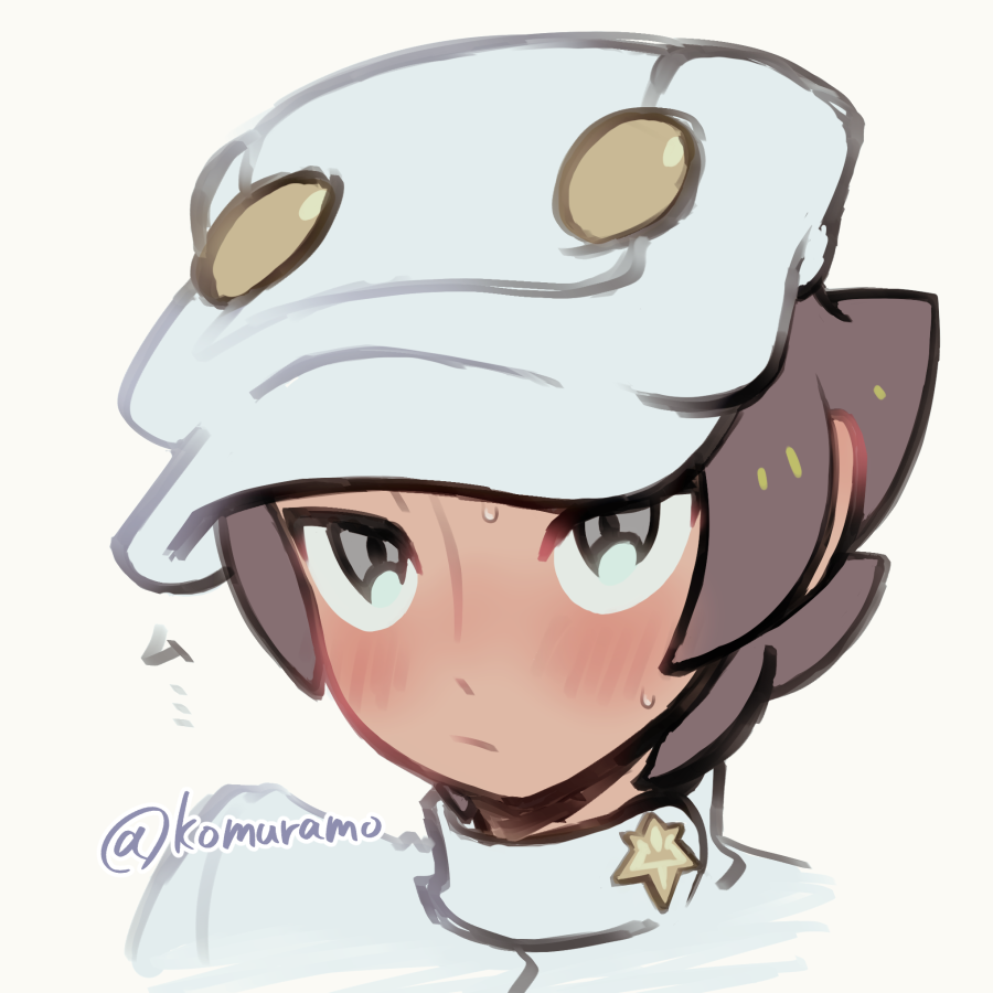 1boy aether_foundation_employee aether_foundation_uniform blush brown_hair closed_mouth grey_eyes hat jumpsuit komurapk looking_up male_focus pokemon pokemon_(game) pokemon_sm portrait short_hair solo sweat twitter_username watermark white_background white_headwear white_jumpsuit