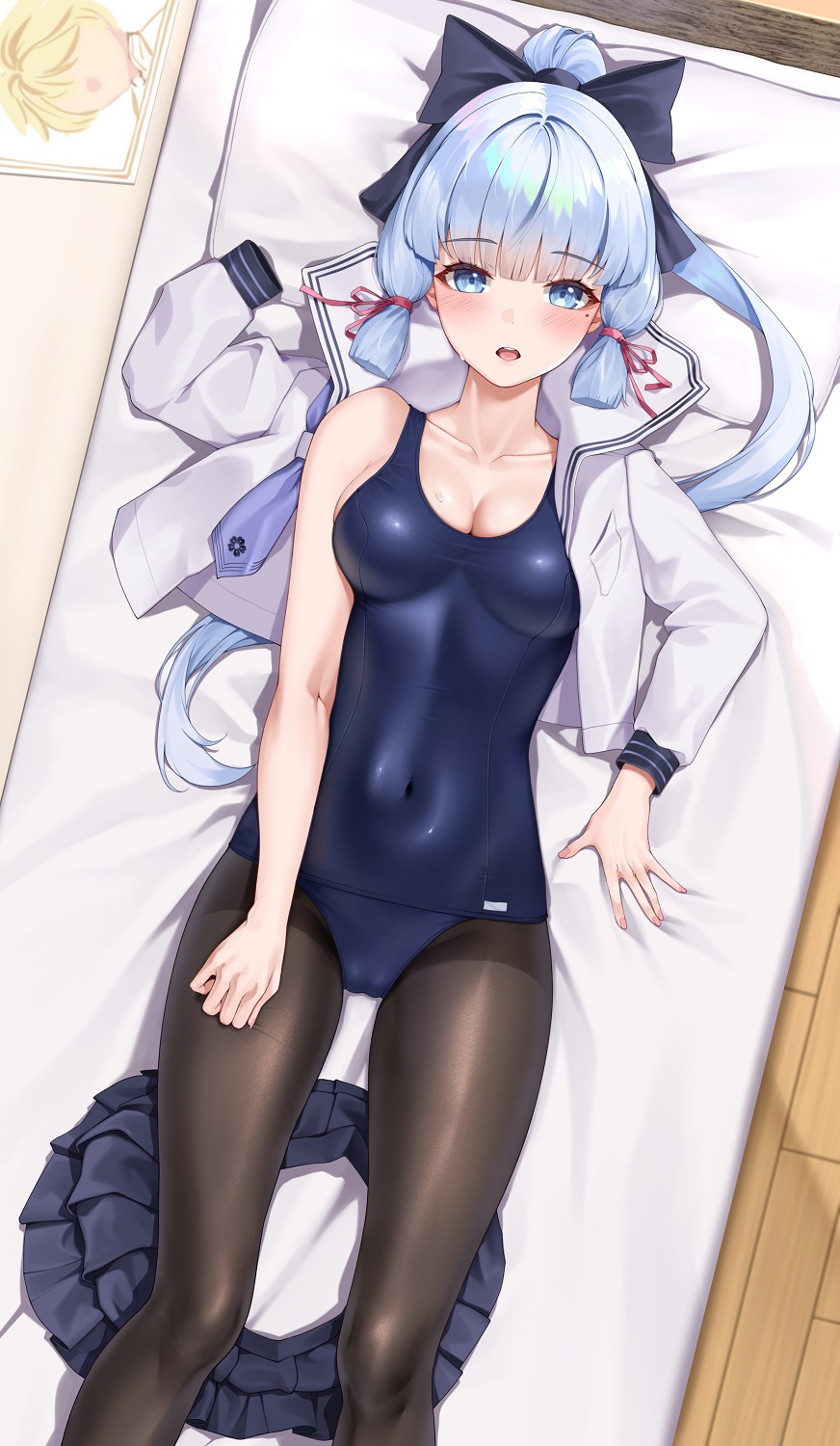 1girl bare_shoulders bed black_pantyhose blue_eyes blue_hair blue_one-piece_swimsuit blue_skirt blunt_bangs blunt_tresses blush breasts cameltoe cleavage covered_navel dress feet_out_of_frame flower_knot from_above genshin_impact hair_ribbon highres kamisato_ayaka light_blue_hair long_hair looking_at_viewer matrix16 medium_breasts mole mole_under_eye neckerchief old_school_swimsuit one-piece_swimsuit open_clothes open_mouth open_shirt pantyhose pillow pleated_dress pleated_skirt ponytail ribbon sailor_collar sailor_shirt school_swimsuit school_uniform serafuku shirt skirt skirt_removed solo swimsuit thighs tress_ribbon