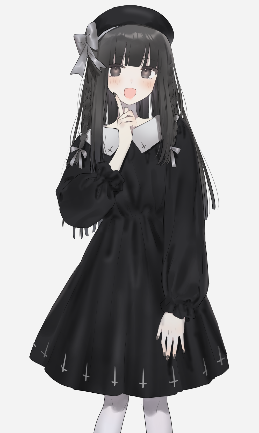 1girl :d beret black_dress black_eyes black_hair black_headwear black_nails blush bow braid dress finger_to_cheek grey_bow grey_ribbon hair_ribbon hat hat_bow highres kitanai_kimi_ga_ichiban_kawaii long_hair manio pantyhose ribbon sezaki_airi smile solo white_pantyhose