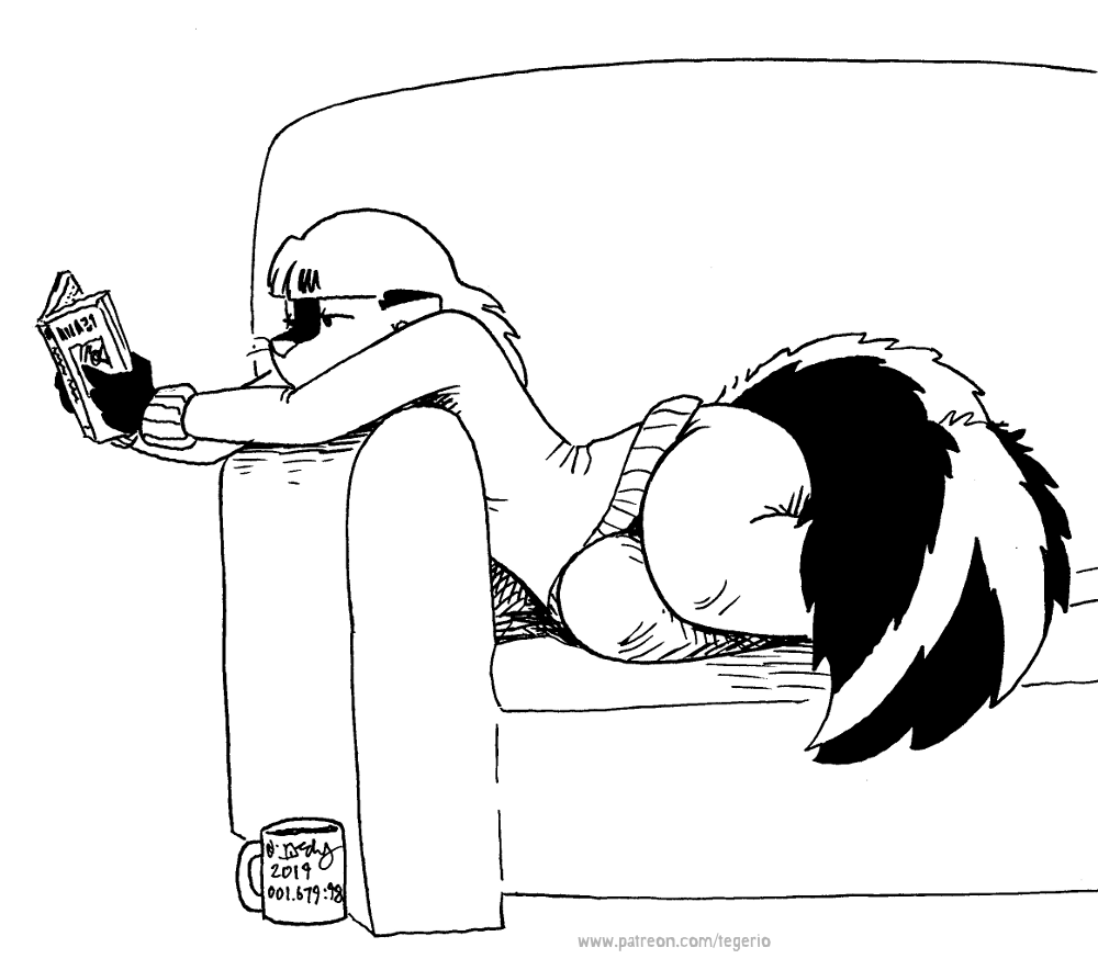 2019 anthro black_and_white book clothed clothing coffee_cup container cup female furniture kelly_o'dor mammal mephitid monochrome narrowed_eyes skunk sofa solo striped_skunk tail tegerio whiskers zandar's_saga