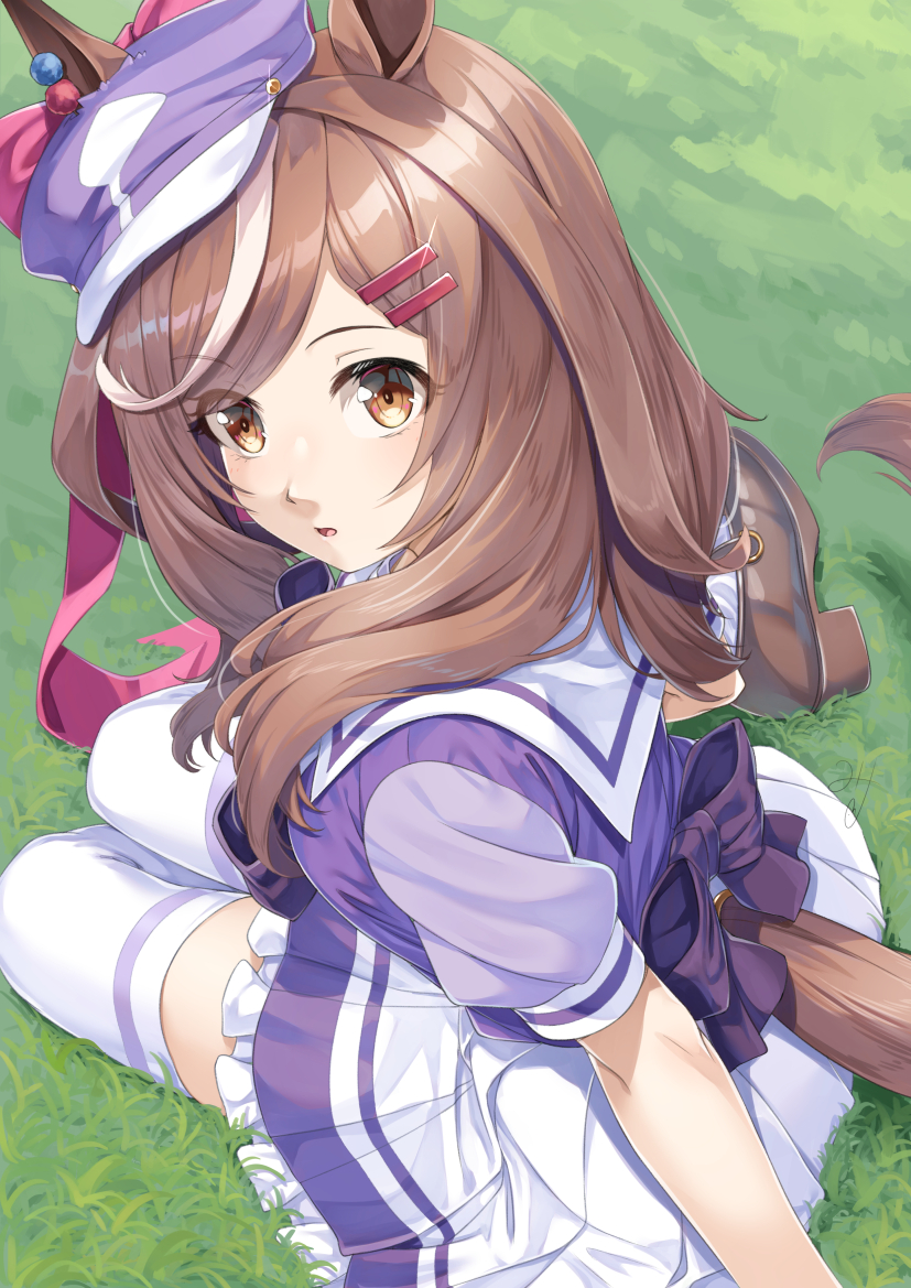 1girl animal_ears brown_eyes brown_footwear brown_hair commentary_request from_above from_behind grass hair_ornament hairclip hat horse_ears horse_girl horse_tail loafers looking_at_viewer matikane_tannhauser_(umamusume) medium_hair miri_(ago550421) multicolored_hair pleated_skirt purple_headwear sailor_collar school_uniform shoes sitting skirt solo streaked_hair tail thighhighs tracen_school_uniform umamusume white_hair white_sailor_collar white_skirt white_thighhighs zettai_ryouiki