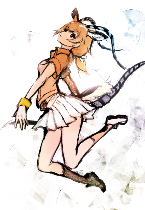 1girl animal_ears brown_eyes brown_hair extra_ears horns impala_(kemono_friends) ise_(0425) jumping kemono_friends looking_at_viewer ribbon shirt shoes short_hair simple_background skirt socks solo tail weapon wristband