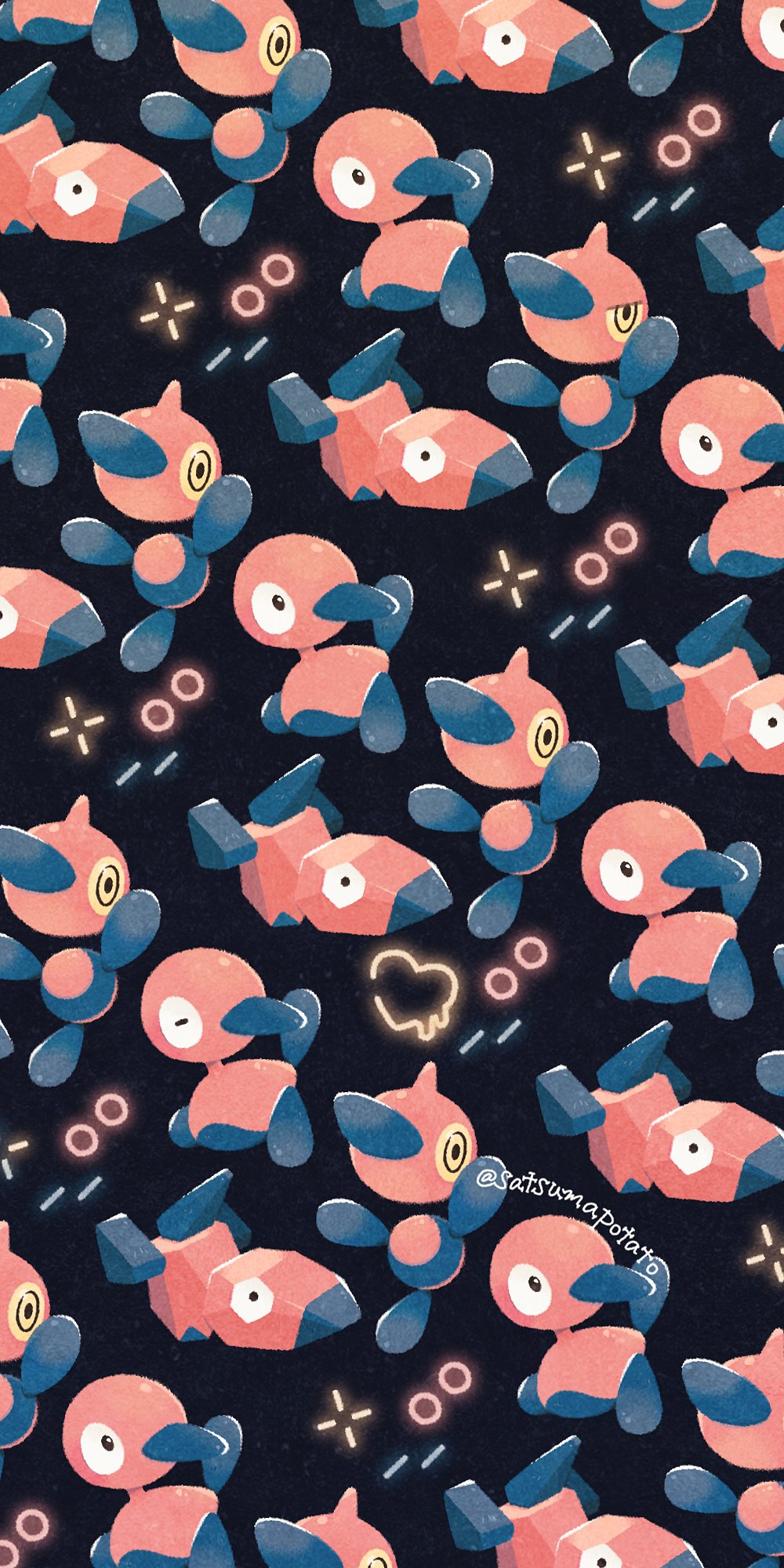 abstract_background angry animal_focus arms_up artist_name blinking colored_sclera commentary_request crosshair dripping evolutionary_line full_body glowing_symbol heart highres looking_back low_poly melting_heart neon_lights no_humans out_of_frame patterned patterned_background pokemon pokemon_(creature) porygon porygon-z porygon2 satsumapotato twitter_username v-shaped_eyebrows yellow_eyes yellow_sclera