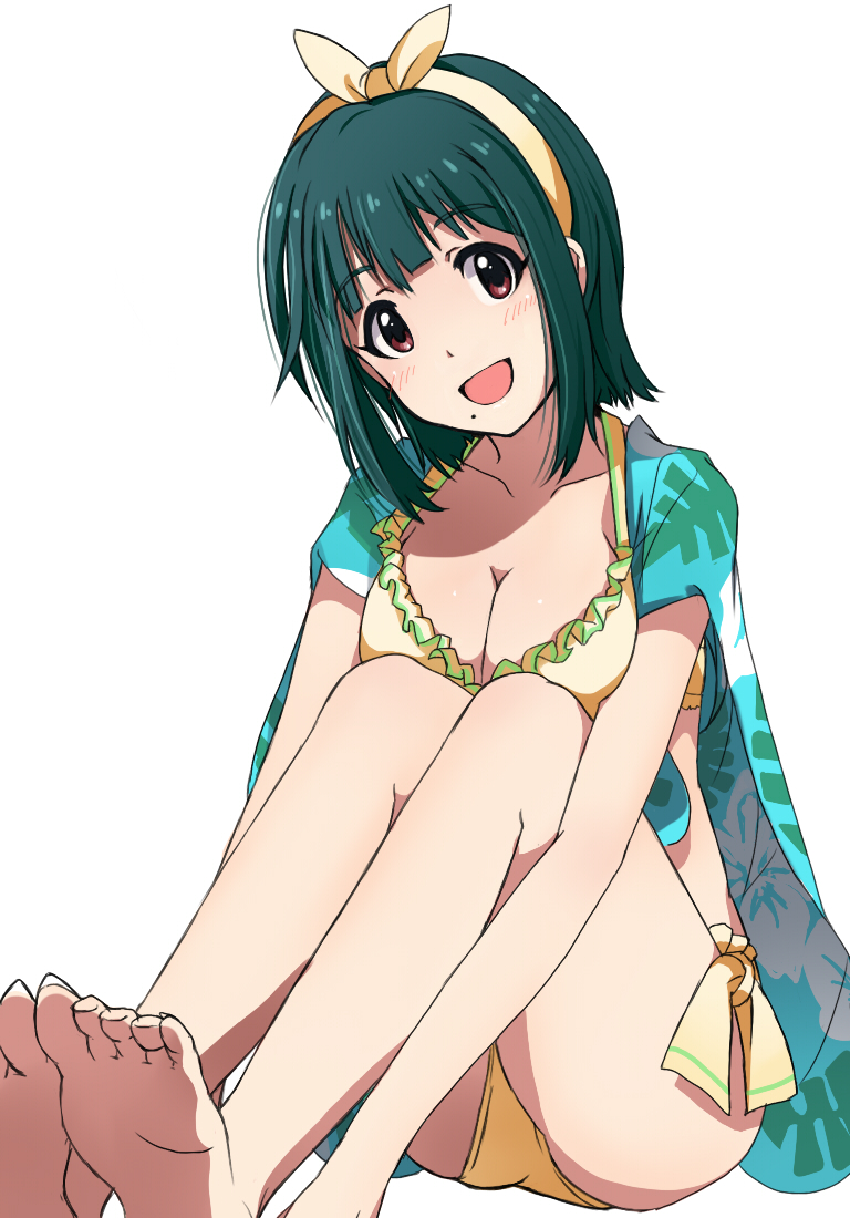 1girl bikini blue_towel blush breasts cleavage collarbone floral_print flower frilled_bikini frills green_hair hairband hibiscus idolmaster idolmaster_(classic) idolmaster_million_live! idolmaster_million_live!_theater_days knees_up large_breasts looking_at_viewer mistrail mole mole_under_mouth open_mouth otonashi_kotori print_towel red_eyes short_hair side-tie_bikini_bottom simple_background sitting smile soles solo swimsuit toes towel white_background yellow_bikini yellow_hairband