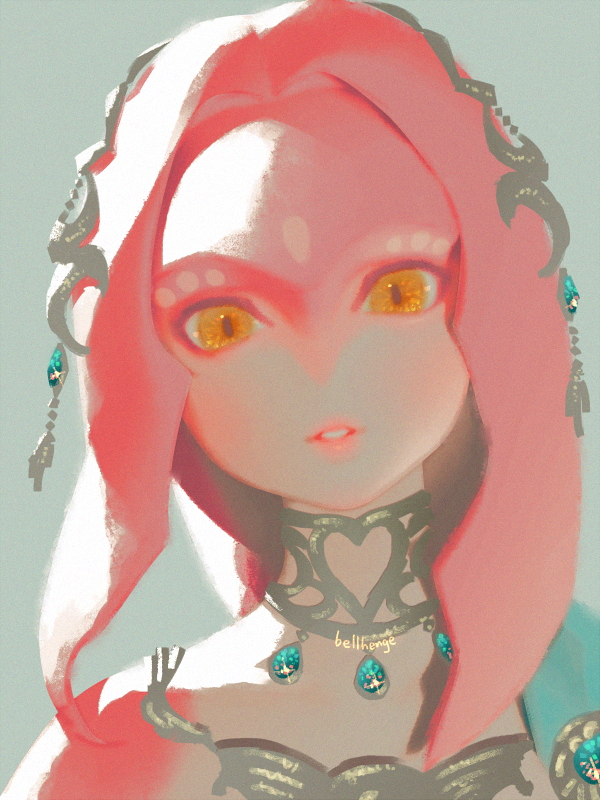 1girl artist_name bellhenge bright_pupils colored_skin fish_girl jewelry looking_at_viewer mipha open_mouth red_skin simple_background solo the_legend_of_zelda the_legend_of_zelda:_breath_of_the_wild upper_body white_pupils yellow_eyes zora