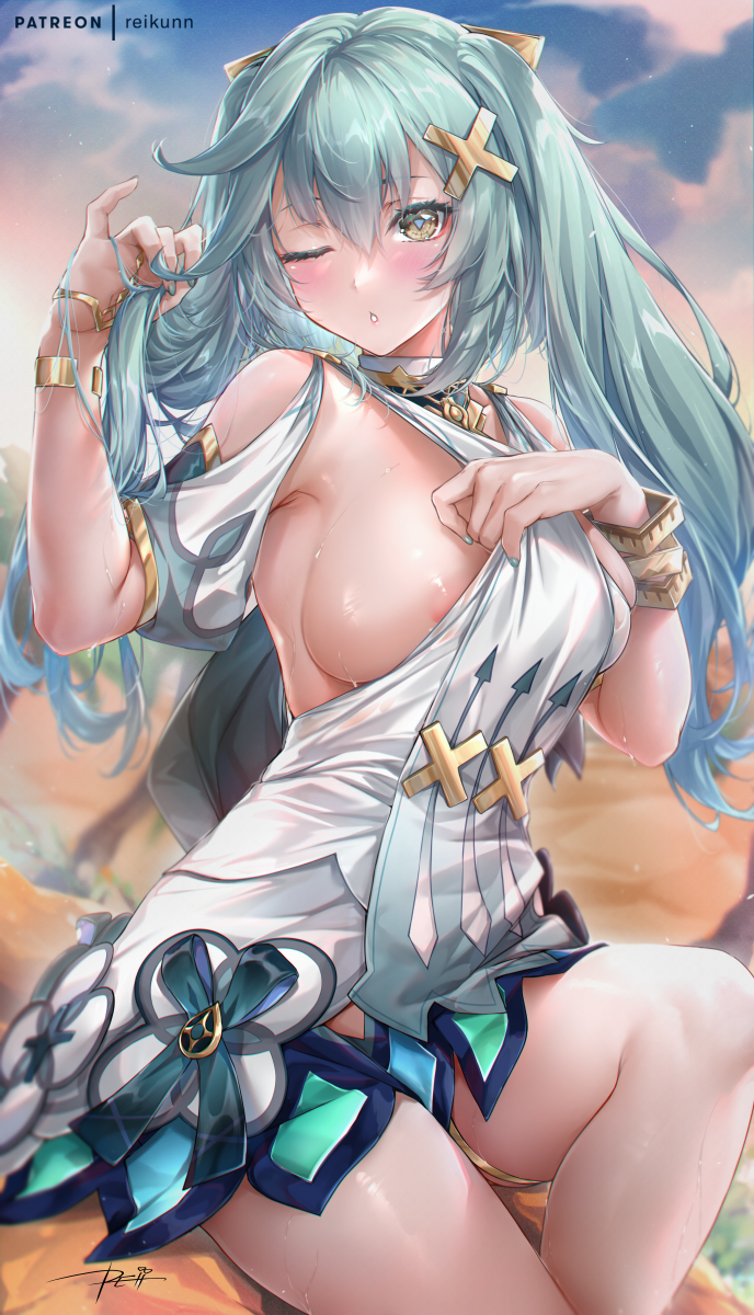 1girl ;o aqua_hair areola_slip artist_name blurry blurry_background bracelet breasts brown_eyes cloud commentary dress faruzan_(genshin_impact) genshin_impact hair_between_eyes hair_ornament hand_in_own_hair highres jewelry large_breasts long_hair looking_at_viewer one_eye_closed patreon_username rei_kun signature sky solo sweat thighs twintails white_dress x_hair_ornament