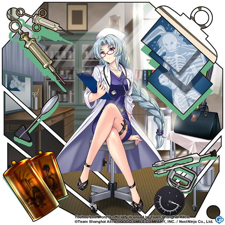 1girl alternate_costume bag blue_dress blurry blurry_background breasts brown_eyes cleavage closed_mouth commentary copyright_name crossed_legs dress english_commentary full_body game_cg grey_hair hat indoors jewelry lab_coat light_rays long_hair looking_at_viewer nurse nurse_cap pendant rabbit red-framed_eyewear reisen_udongein_inaba rotte_(1109) sitting solo spoon stethoscope syringe thigh_strap third-party_source touhou touhou_lost_word very_long_hair white_headwear x-ray yagokoro_eirin yagokoro_eirin_(genius_doctor_in_the_bamboo_forest)
