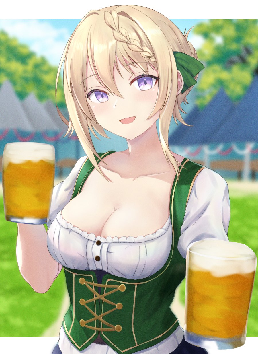 1girl :d alcohol alternate_costume beer beer_mug blonde_hair blouse blurry blurry_background braid braided_bun breasts cleavage collarbone commentary_request cup dirndl german_clothes hair_between_eyes hair_bun highres holding holding_cup kantai_collection kotou_yogen long_hair looking_at_viewer medium_breasts mug oktoberfest perth_(kancolle) purple_eyes shirt single_braid smile solo tent upper_body white_shirt