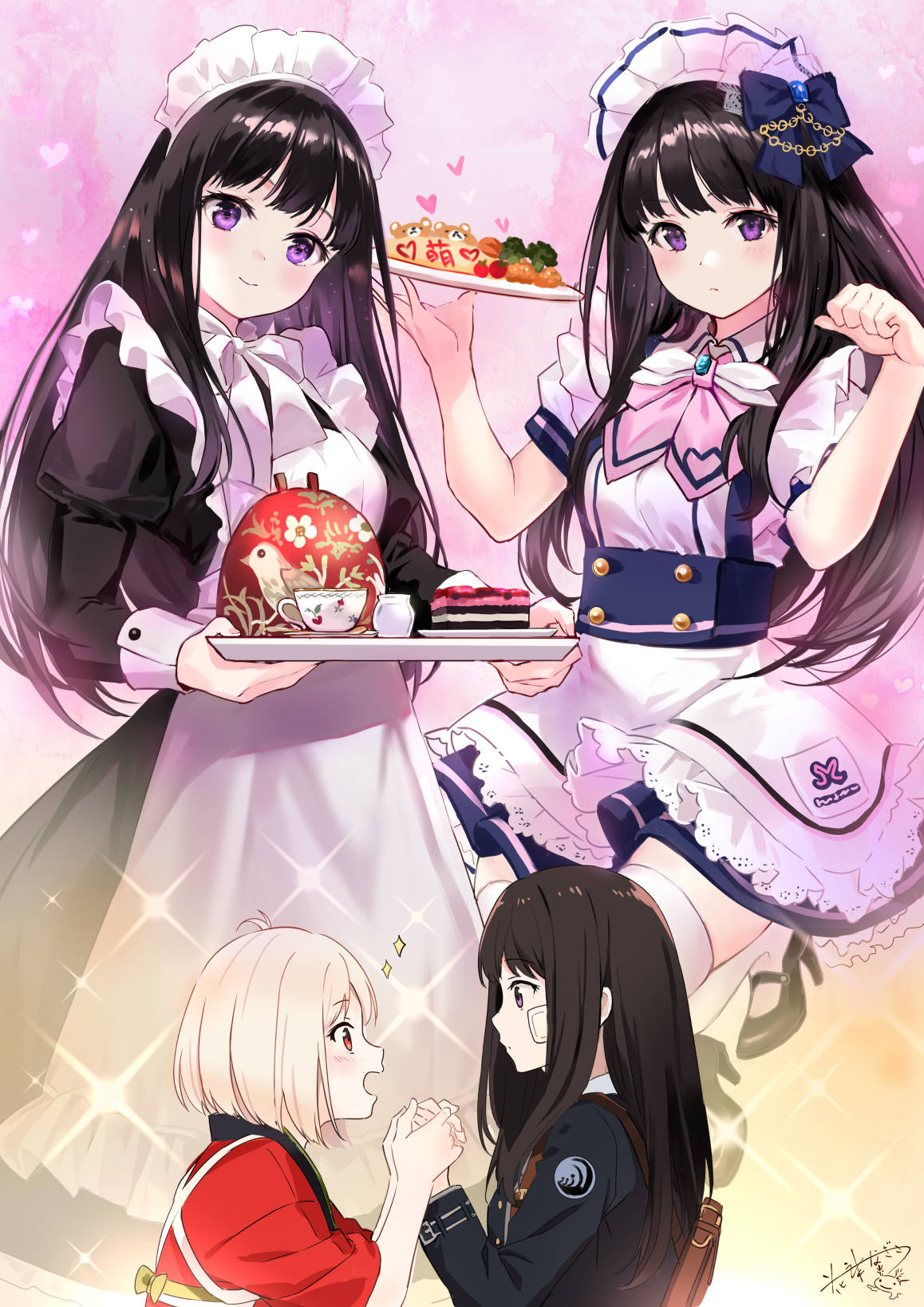 2girls apron bandage_on_face bandages black_dress black_hair blonde_hair blue_bow bow cake cake_slice carrying_bag commentary cup dress food frilled_dress frills hair_bow highres holding holding_hands holding_plate long_hair lovestruck lycoris_recoil lycoris_uniform maid maid_headdress multiple_girls omelet omurice pierorabu plate purple_eyes red_apron red_eyes red_ribbon ribbon sparkle symbol-only_commentary teacup white_dress yuri