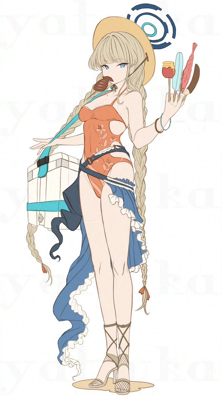 1girl bangle between_fingers blonde_hair blue_archive blue_eyes blush bracelet braid breasts candy_apple casual_one-piece_swimsuit chocolate_banana cooler floral_print food food_in_mouth gladiator_sandals halo high_heels highres holding holding_food ikayaki jewelry long_hair looking_at_viewer low_twintails medium_breasts mouth_hold one-piece_swimsuit orange_one-piece_swimsuit popsicle sandals shrimp simple_background solo standing swimsuit toki_(blue_archive) twin_braids twintails very_long_hair white_background yatsuka_(846) yellow_headwear