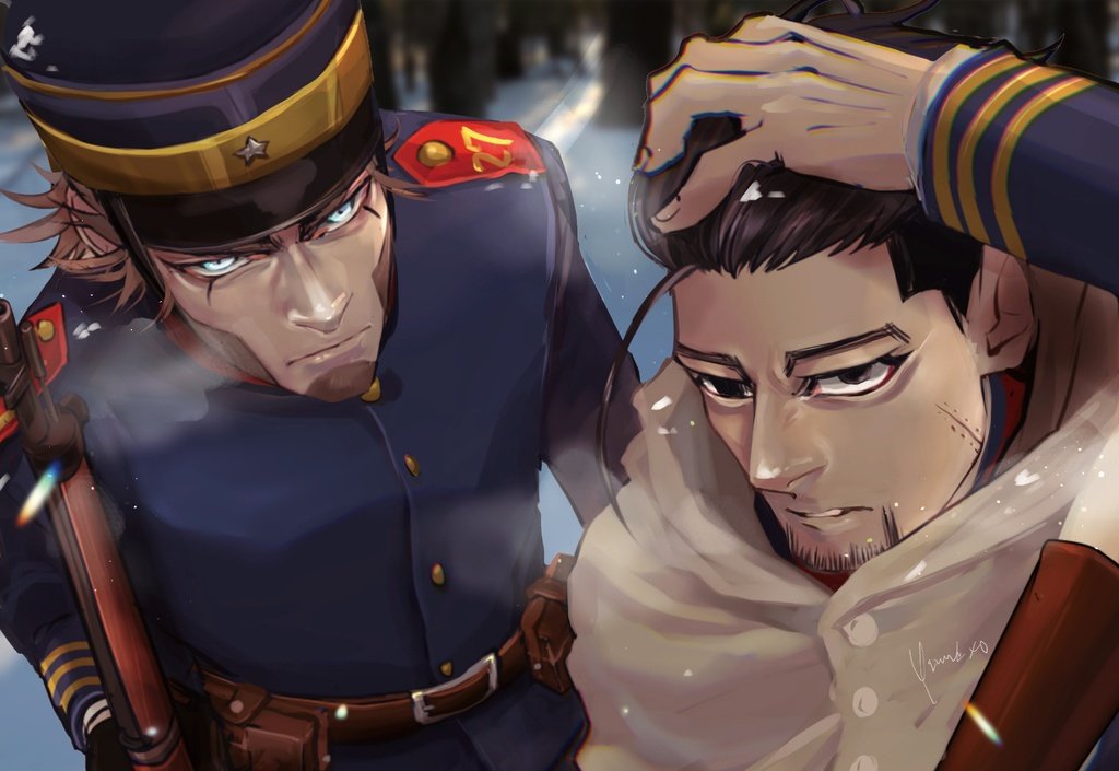 2boys alternate_costume arisaka beard black_eyes black_hair blue_jacket bolt_action breath cape collared_jacket facial_hair from_above frown golden_kamuy gun hair_slicked_back hand_in_own_hair hat holding holding_gun holding_weapon hood hooded_cape imperial_japanese_army jacket kepi long_sleeves looking_at_viewer male_focus mature_male military_hat military_uniform multiple_boys ogata_hyakunosuke rifle scar scar_on_cheek scar_on_face serious short_hair snow stubble undercut uneven_eyes uniform vasily_(golden_kamuy) weapon white_cape winter yumi_(soak1111)