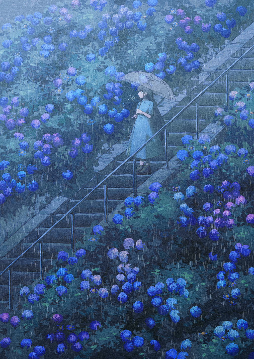 1girl black_hair blue_dress dress flower highres holding holding_umbrella hydrangea long_hair original outdoors potg_(piotegu) railing rain solo stairs transparent transparent_umbrella umbrella