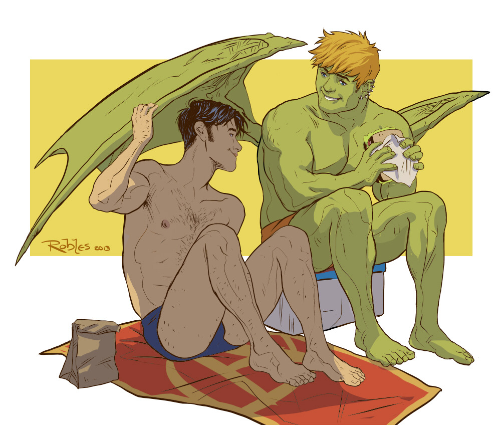 2boys alien armpit_hair armpit_hair_peek bad_id bad_tumblr_id bara black_hair blacksirensolo blonde_hair blue_male_swimwear chest_hair colored_skin couple dragon_wings ear_piercing eye_contact food full_body grabbing_another's_wing green_skin holding holding_food hulkling interspecies large_pectorals leg_hair long_sideburns looking_at_another male_focus male_swimwear marvel multiple_boys muscular muscular_male nipples orange_male_swimwear pectorals piercing sandwich shade short_hair sideburns sitting smile sparse_leg_hair swim_briefs thick_eyebrows toned toned_male topless_male two-tone_background wiccan wings yaoi