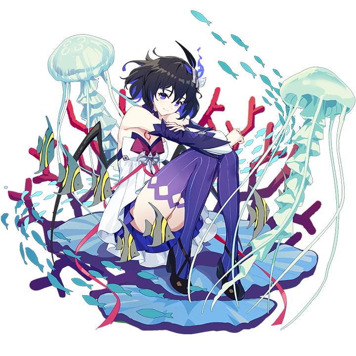 1girl bare_shoulders black_hair blue_eyes blue_hair coral fish full_body hair_ornament high_heels honkai_(series) honkai_impact_3rd jellyfish multicolored_hair official_art seele_vollerei sitting smile thighhighs third-party_source transparent_background two-tone_hair
