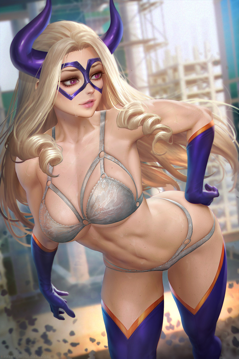 1girl blonde_hair boku_no_hero_academia bra breasts collarbone construction_site cowboy_shot domino_mask drill_hair gloves hand_on_own_hip horns large_breasts long_hair mask mount_lady navel neoartcore paid_reward_available panties purple_eyes purple_gloves purple_horns purple_mask purple_thighhighs solo thighhighs underwear white_bra white_panties