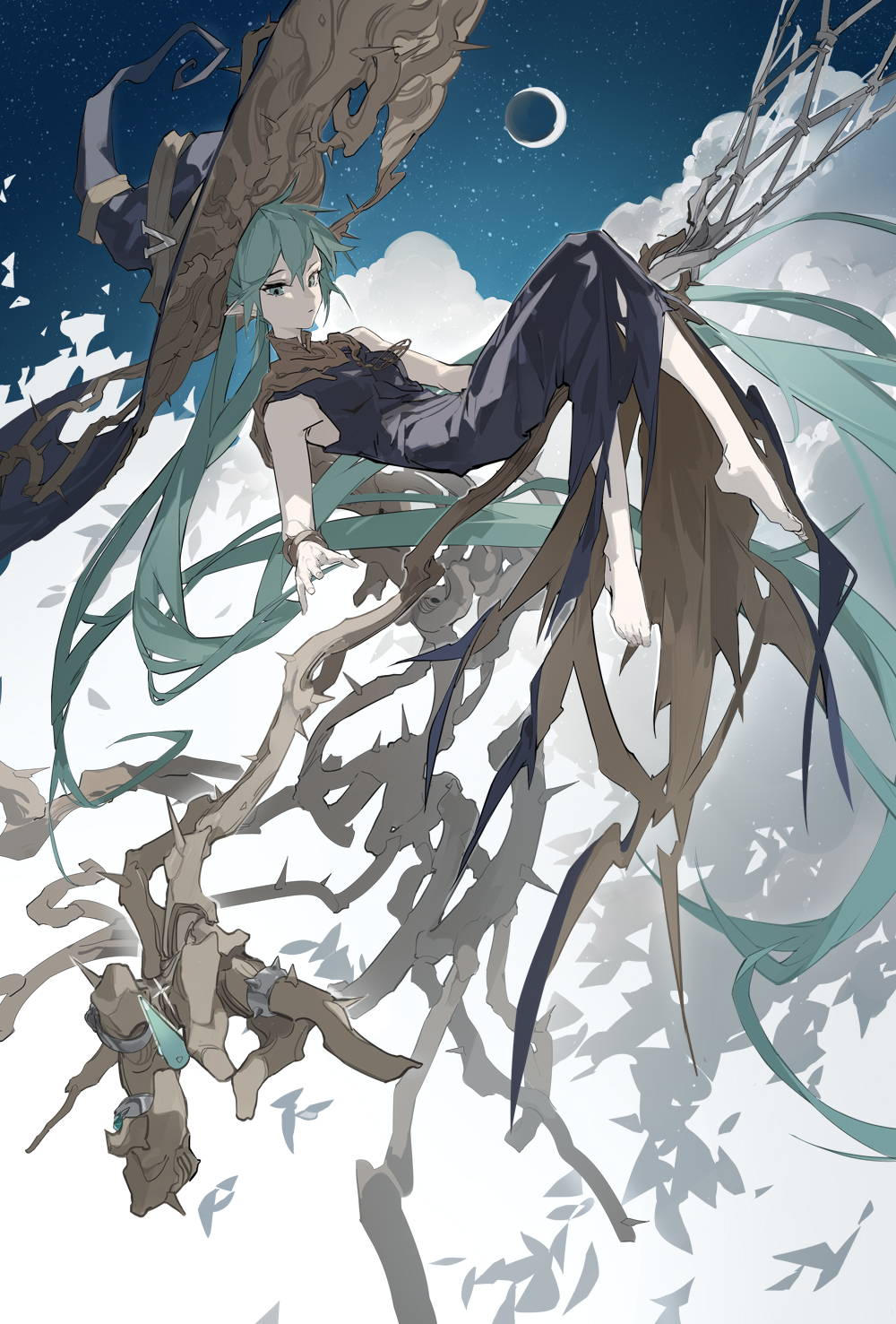 1girl absurdly_long_hair aqua_eyes aqua_hair bare_shoulders barefoot black_dress branch brown_cape cape closed_mouth cloud commentary crescent_moon dress floating hat hatsune_miku highres long_hair looking_at_viewer moon night nine_(liuyuhao1992) pointy_ears sky sleeveless sleeveless_dress solo star_(sky) starry_sky twintails very_long_hair vocaloid witch_hat
