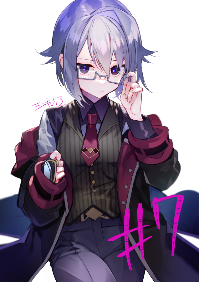 1boy glasses grey_eyes grey_hair kimberly_magic_academy_school_uniform looking_at_viewer miyuki_ruria nanatsu_no_maken_ga_shihai_suru necktie pete_reston rectangular_eyewear red_necktie robe school_uniform short_hair simple_background solo white_background