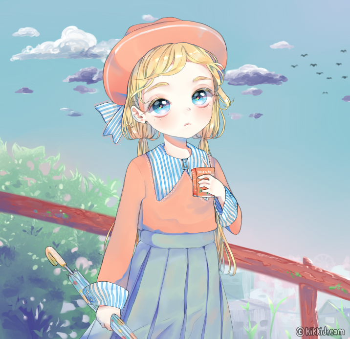 1girl artist_name blonde_hair blue_bow blue_collar blue_eyes blue_skirt blue_sky blue_umbrella bow bush buttons child cityscape closed_mouth cloud collar collared_shirt commentary day drink drinking_straw english_commentary eyelashes eyeshadow flock frown hair_bow hat high-waist_skirt holding holding_drink holding_umbrella juice_box kikkidream light_blush long_hair long_sleeves looking_at_viewer low_twintails makeup original outdoors pink_eyeshadow plant polka_dot polka_dot_umbrella railing red_headwear red_shirt shirt skirt sky solo straight_hair striped striped_bow thick_eyebrows twintails two-tone_bow two-tone_collar umbrella vertical-striped_collar white_bow white_collar
