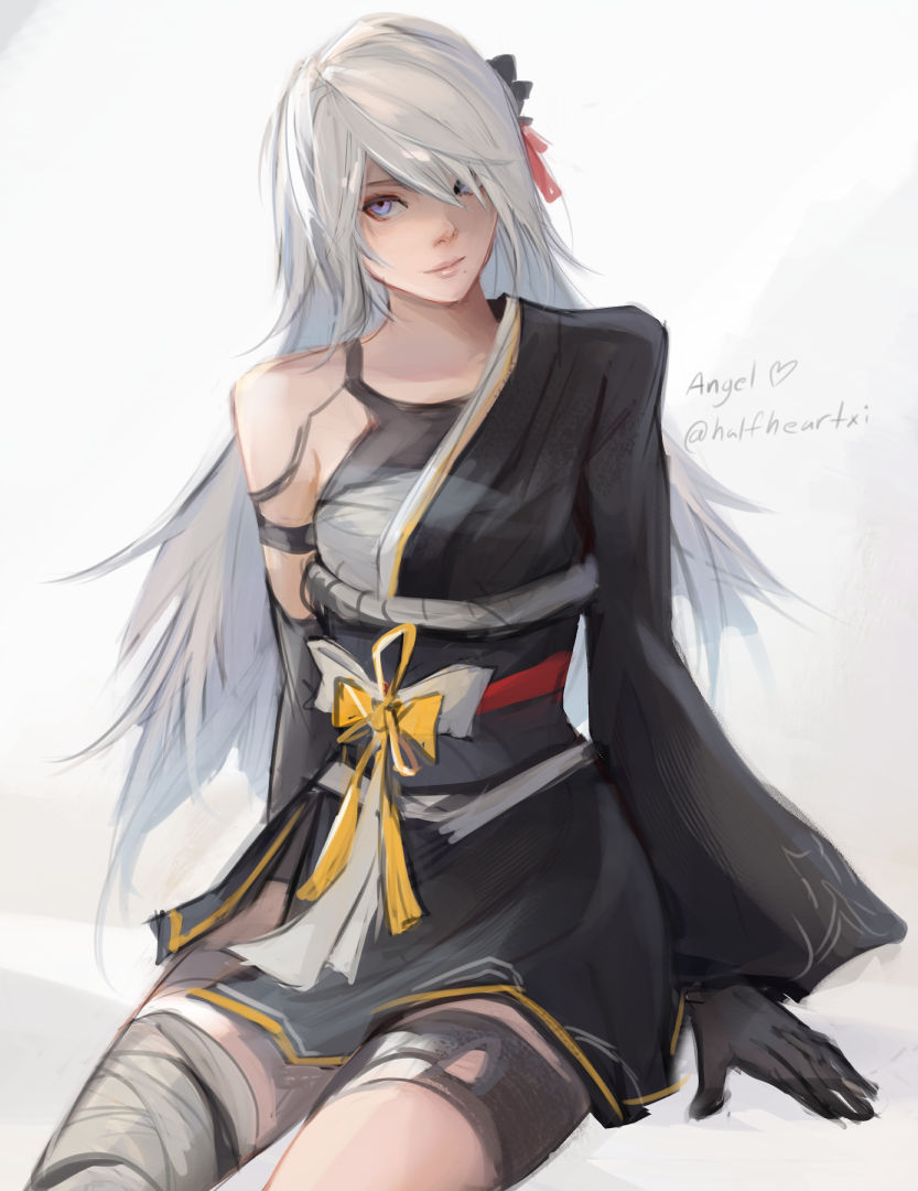 1girl angel_(halfheartxi) arm_support armlet asymmetrical_legwear bandaged_leg bandages black_kimono black_tank_top bow closed_mouth commentary elbow_gloves english_commentary gloves hair_over_one_eye invisible_chair japanese_clothes joints kimono long_hair long_sleeves mole mole_under_mouth nier:automata nier_(series) purple_eyes ribbon robot_joints simple_background single_thighhigh sitting solo tank_top thighhighs twitter_username white_background white_bow white_hair white_ribbon wide_sleeves yellow_bow yellow_ribbon yorha_type_a_no._2