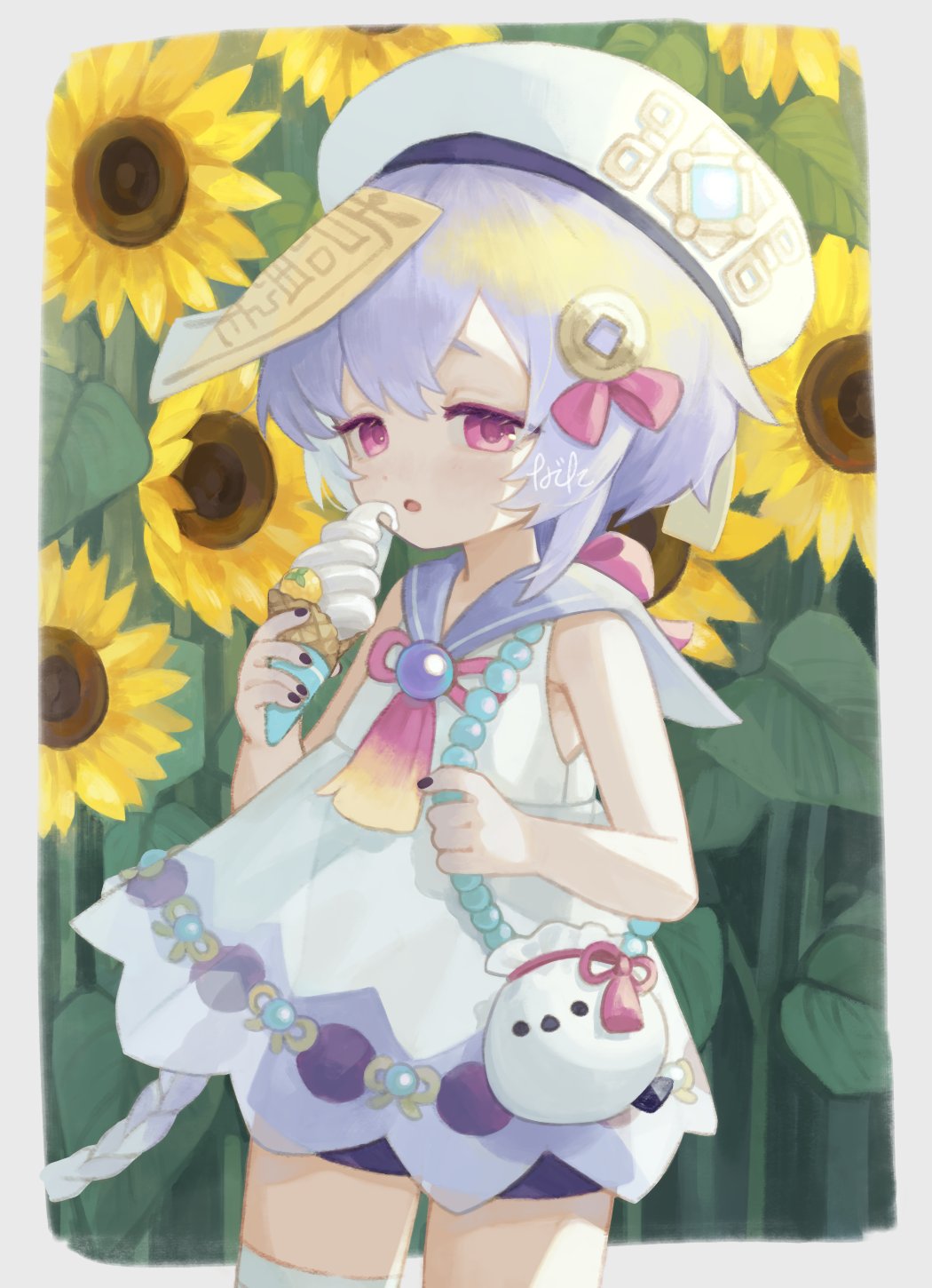 1girl 750x077 alternate_costume bag beret black_nails border bow braid braided_ponytail coin_hair_ornament cowboy_shot dress field flower flower_field food genshin_impact hair_ornament half-closed_eyes hat highres holding holding_food holding_ice_cream ice_cream leaf long_hair looking_at_viewer ofuda_on_head open_mouth outside_border pink_bow purple_eyes purple_hair purple_sailor_collar purple_shorts qiqi_(genshin_impact) sailor_collar shorts shoulder_bag signature sleeveless sleeveless_dress solo sunflower sunflower_field sunlight tassel white_border white_dress