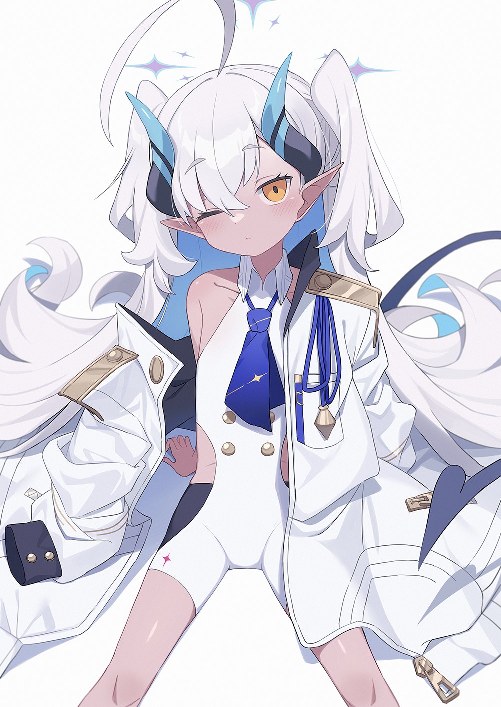 1girl ahoge blue_archive blue_hair blush closed_mouth coat colored_inner_hair dark-skinned_female dark_skin grey_hair halo highres hip_vent horns long_hair long_sleeves looking_at_viewer multicolored_hair off_shoulder one_eye_closed open_clothes open_coat orange_eyes pointy_ears simple_background solo sumomo_(blue_archive) two_side_up unitard very_long_hair wagashi928 white_background white_coat