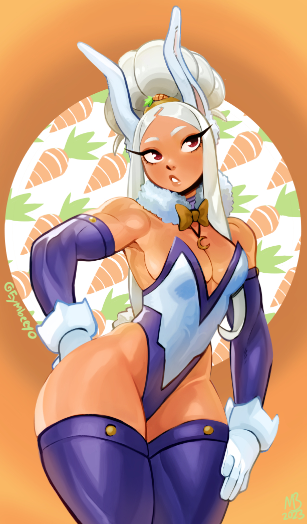 1girl alternate_hairstyle animal_ears bare_shoulders boku_no_hero_academia bow bowtie breasts carrot_hair_ornament carrot_print crescent_necklace dark-skinned_female dark_skin detached_sleeves eymbee food-themed_hair_ornament food_print fur_collar gloves hair_bun hair_ornament hand_on_own_hip hand_on_own_thigh jewelry large_breasts leotard long_eyelashes long_hair looking_up mirko necklace orange_background parted_bangs parted_lips purple_sleeves purple_thighhighs rabbit_ears rabbit_girl rabbit_tail red_eyes solo strapless strapless_leotard tail thick_thighs thighhighs thighs toned traditional_bowtie twitter_username white_gloves white_hair white_leotard wide_hips yellow_bow yellow_bowtie