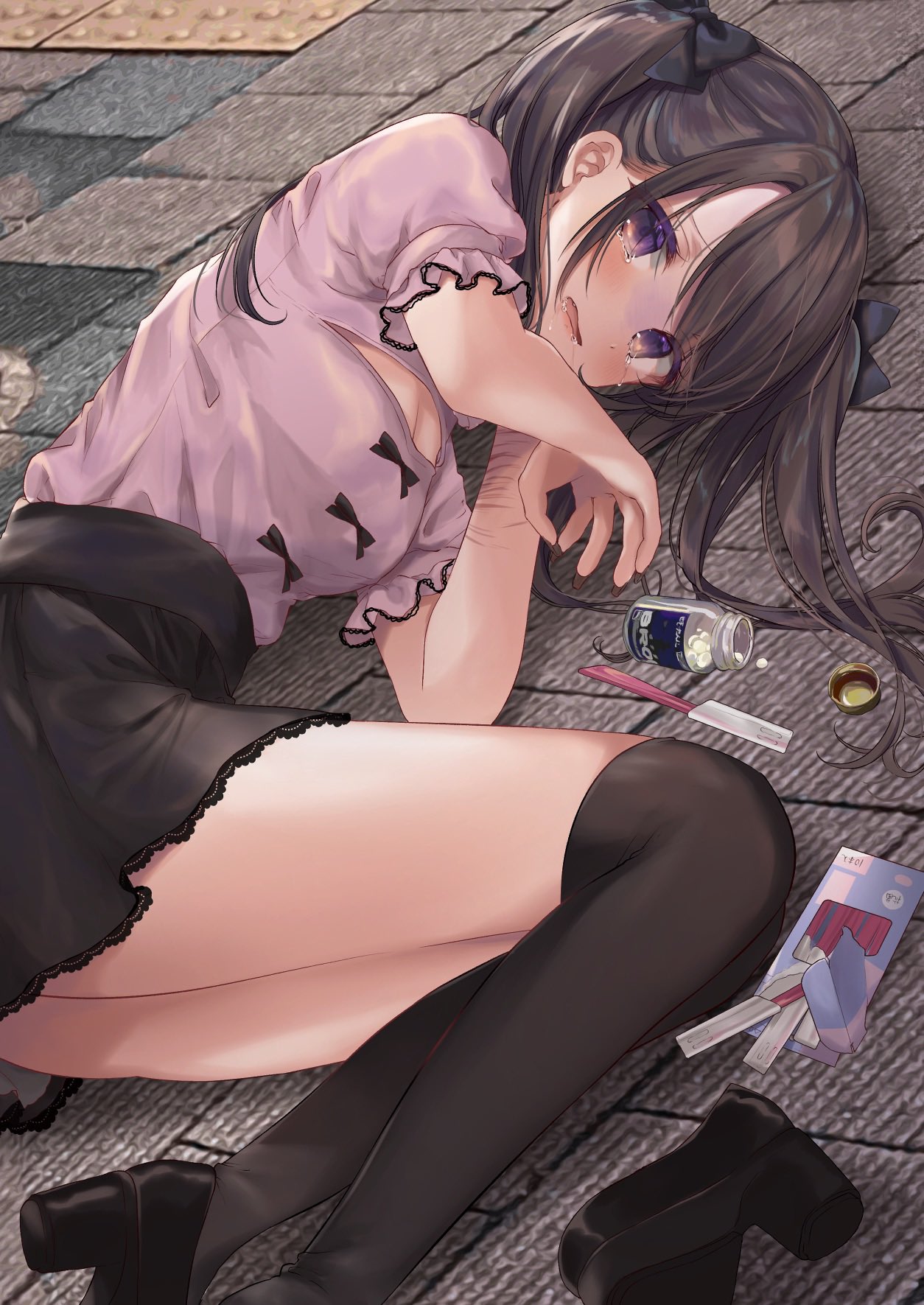 1girl black_bow black_footwear black_skirt black_socks blade blush bow breasts brown_hair cleavage cleavage_cutout clothing_cutout commentary_request crying feet_out_of_frame frilled_sleeves frills from_above hair_bow highres jirai_kei lace-trimmed_skirt lace_trim long_hair looking_at_viewer lying on_ground on_side original outdoors over-kneehighs pill pill_bottle pink_shirt platform_footwear puffy_short_sleeves puffy_sleeves purple_eyes saliva scar self_harm shanghai_bisu shirt shirt_tucked_in shoes short_sleeves single_shoe skirt small_breasts socks streaming_tears tears thighhighs thighs turn_pale two_side_up wavy_mouth wrist_cutting