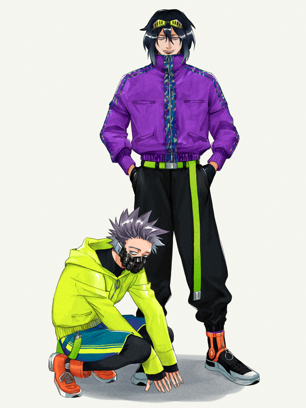 2boys bags_under_eyes belt black_footwear black_hair black_pants black_pantyhose blue_shorts boku_no_hero_academia closed_mouth eraser_head_(boku_no_hero_academia) facial_hair green_belt grey_eyes grey_hair hair_between_eyes highres hood hooded_jacket jacket male_focus mask multiple_boys mustache o-ring orange_footwear pants pantyhose purple_jacket rnuyvm shinsou_hitoshi shoes short_hair shorts sneakers sparse_stubble squatting white_background yellow_jacket