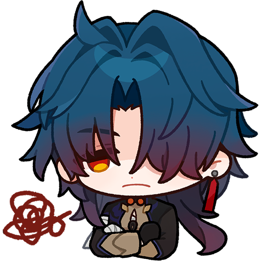 1boy annoyed bandaged_hand bandages black_gloves black_sleeves blade_(honkai:_star_rail) chest_sarashi chibi closed_mouth crossed_arms earrings english_commentary gloves hair_over_one_eye honkai:_star_rail honkai_(series) jewelry long_hair male_focus official_art parted_lips sarashi single_glove solo transparent_background