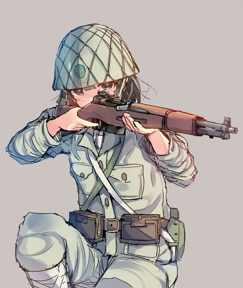 1girl anchor_symbol artist_request grey_eyes gun helmet imperial_japanese_navy military military_helmet military_uniform rifle simple_background solo uniform weapon