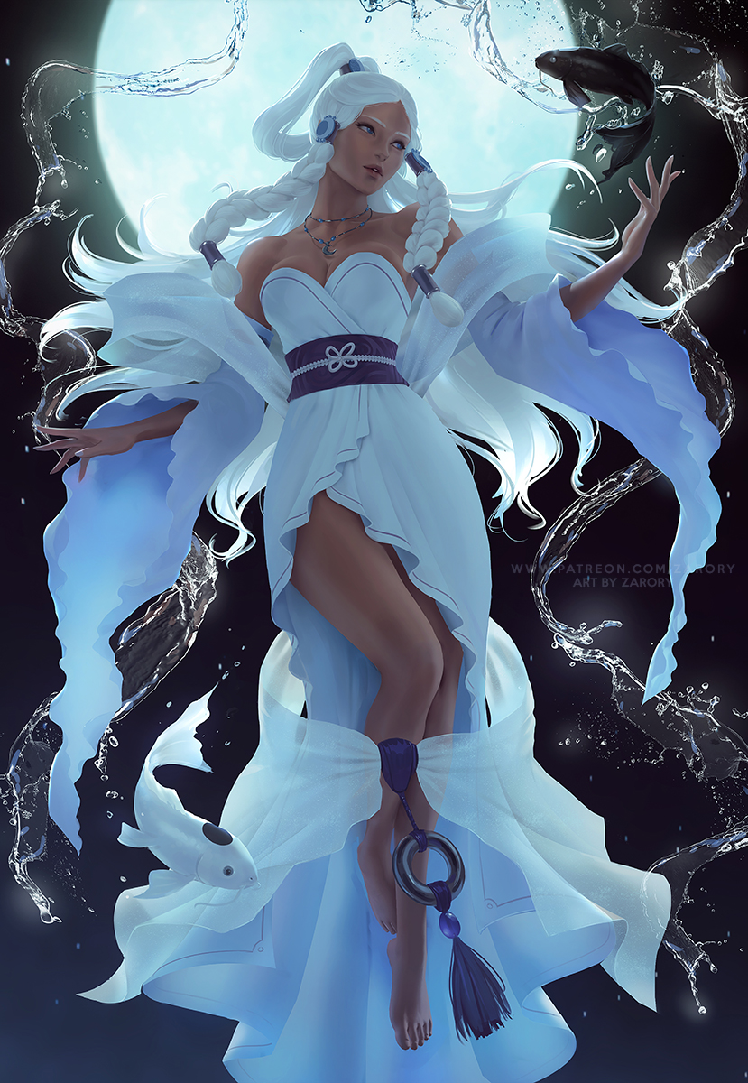 1girl artist_name avatar:_the_last_airbender avatar_legends bare_shoulders barefoot blue_eyes braid breasts cleavage collarbone dress fish flying full_body full_moon highres japanese_clothes jewelry kimono koi lips long_hair looking_to_the_side medium_breasts moon necklace night obi paid_reward_available sash side_braids sleeveless sleeveless_kimono solo twin_braids water watermark white_dress white_hair yue_(avatar) zarory