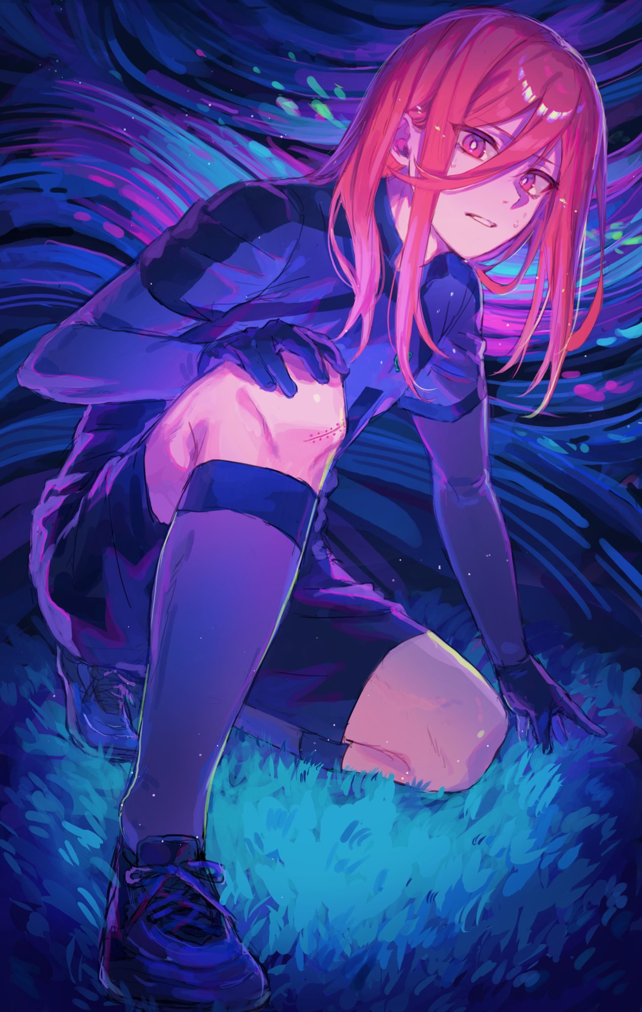 1boy black_gloves black_shorts blue_footwear blue_lock blue_shirt blue_socks chigiri_hyoma full_body gloves grass highres kshima_mo369 long_hair long_sleeves looking_at_viewer male_focus on_one_knee purple_background red_eyes red_hair shirt shoes shorts soccer_uniform socks solo sportswear sweat